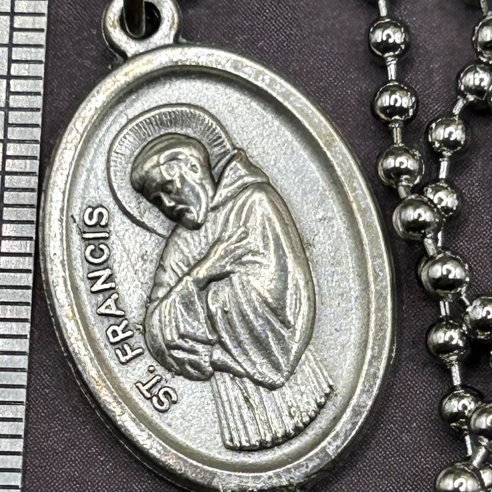 St. Saint Francis Religious Medal Charm Pendant Long Steel Chain Necklace